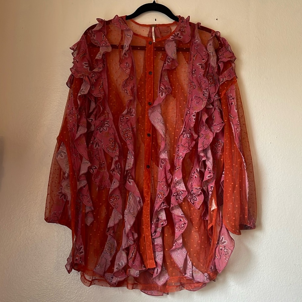 Free People - Button Down Tunic Top Sheer Ruffle Floral Mesh M